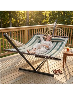 Outsunny Outdoor Hammock with Stand Detachable Pillow Striped Swing Steel Frame, for Garden, Patio, Green 2