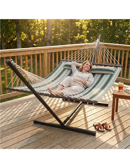 Outsunny Outdoor Hammock with Stand Detachable Pillow Striped Swing Steel Frame, for Garden, Patio, Green - pic 182760 | FastDaddyshop