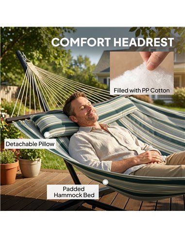 Outsunny Outdoor Hammock with Stand Detachable Pillow Striped Swing Steel Frame, for Garden, Patio, Green