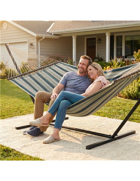 Outsunny Outdoor Hammock with Stand Detachable Pillow Striped Swing Steel Frame, for Garden, Patio, Green - pic 182766 | FastDaddyshop