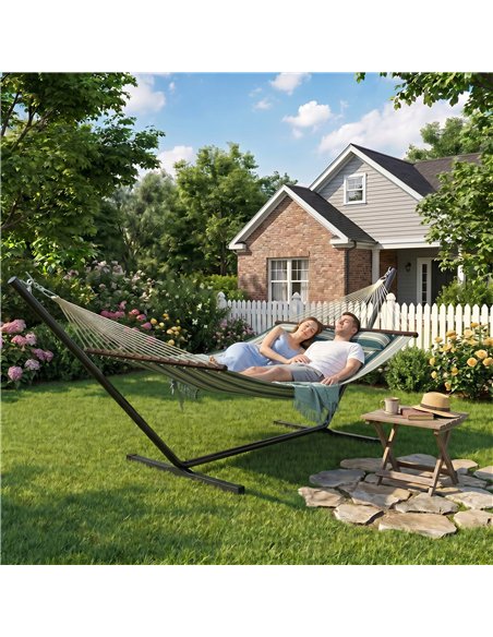 Outsunny Outdoor Hammock with Stand Detachable Pillow Striped Swing Steel Frame, for Garden, Patio, Green - pic 182767 | FastDaddyshop