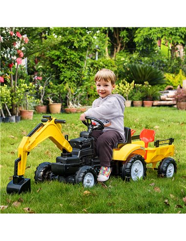 HOMCOM 3+ Ride-on Toy Pedal Digger Construction Car with Horn and Detachable Trailer, Yellow