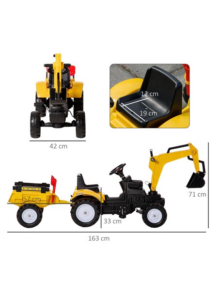 HOMCOM 3+ Ride-on Toy Pedal Digger Construction Car with Horn and Detachable Trailer, Yellow - pic 18289 | FastDaddyshop