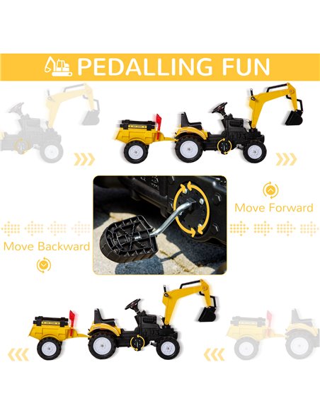 HOMCOM Ride-on Toy Pedal Digger Construction Car with Horn & Detachable Trailer, Yellow - pic 18291 | FastDaddyshop