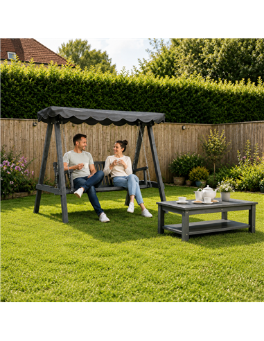 Outsunny 3 Seater Garden Swing Seat with Canopy, Wooden Swing Chair, Outdoor Hammock Bench for Balcony Patio Porch, Grey