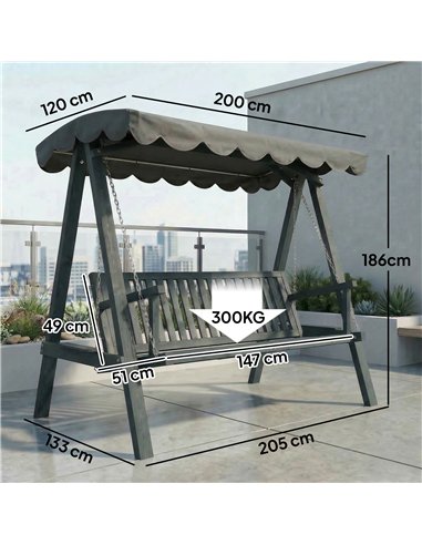 Outsunny 3 Seater Garden Swing Seat with Canopy, Wooden Swing Chair, Outdoor Hammock Bench for Balcony Patio Porch, Grey