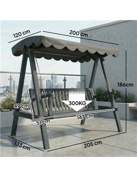 Outsunny 3 Seater Garden Swing Seat with Canopy, Wooden Swing Chair, Outdoor Hammock Bench for Balcony Patio Porch, Grey - pic 182914 | FastDaddyshop