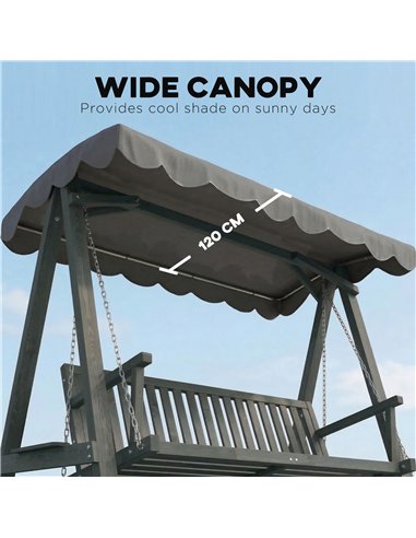 Outsunny 3 Seater Garden Swing Seat with Canopy, Wooden Swing Chair, Outdoor Hammock Bench for Balcony Patio Porch, Grey