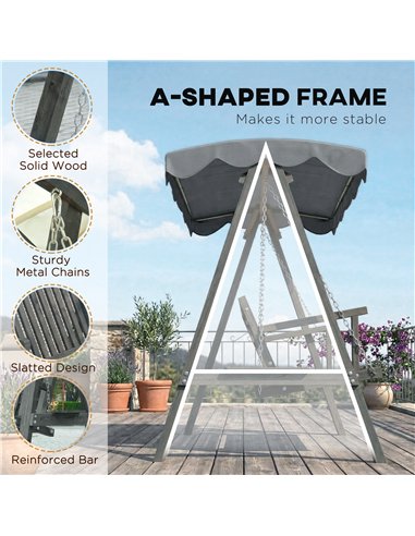 Outsunny 3 Seater Garden Swing Seat with Canopy, Wooden Swing Chair, Outdoor Hammock Bench for Balcony Patio Porch, Grey