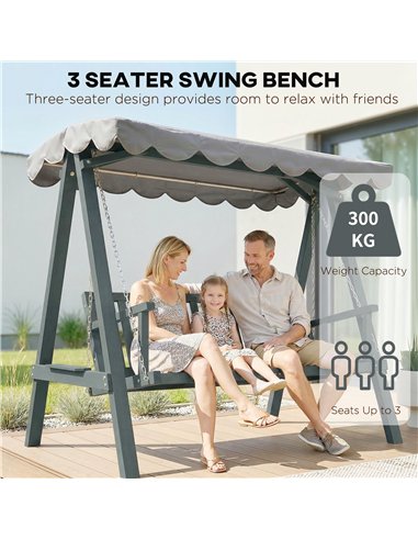 Outsunny 3 Seater Garden Swing Seat with Canopy, Wooden Swing Chair, Outdoor Hammock Bench for Balcony Patio Porch, Grey