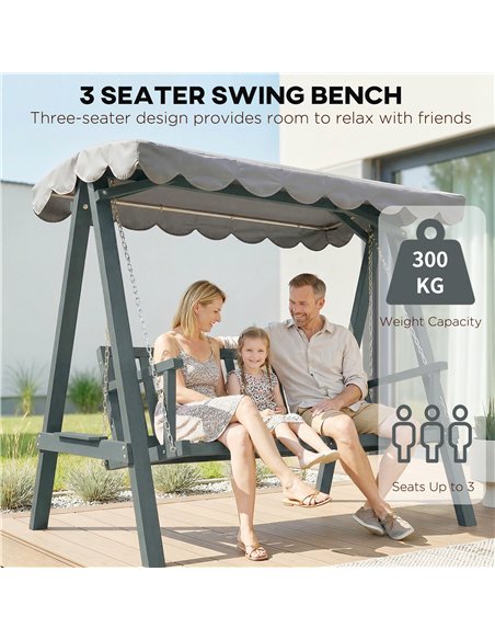 Outsunny 3 Seater Garden Swing Seat with Canopy, Wooden Swing Chair, Outdoor Hammock Bench for Balcony Patio Porch, Grey - pic 182917 | FastDaddyshop