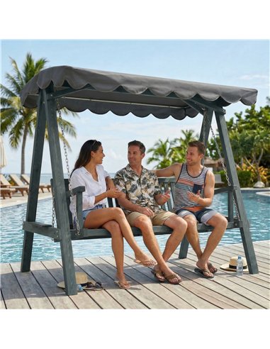 Outsunny 3 Seater Garden Swing Seat with Canopy, Wooden Swing Chair, Outdoor Hammock Bench for Balcony Patio Porch, Grey