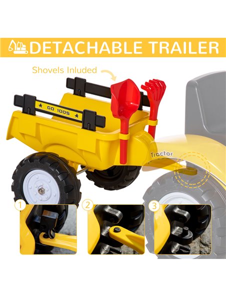 HOMCOM Ride-on Toy Pedal Digger Construction Car with Horn & Detachable Trailer, Yellow - pic 18292 | FastDaddyshop