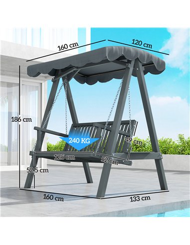 Outsunny 2 Seater Garden Swing Seat with Canopy, Wooden Swing Chair, Outdoor Hammock Bench for Balcony Patio Porch, Grey