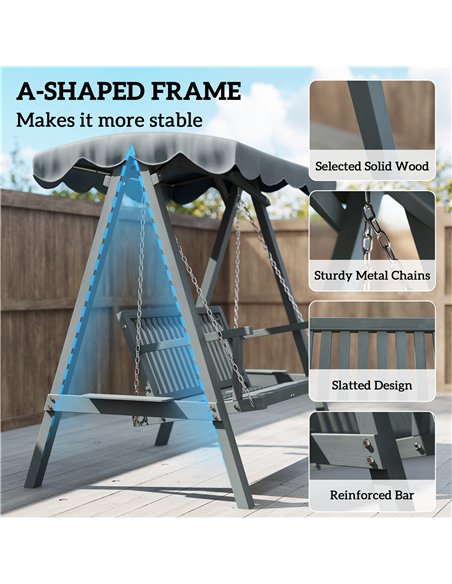 Outsunny 2 Seater Garden Swing Seat with Canopy, Wooden Swing Chair, Outdoor Hammock Bench for Balcony Patio Porch, Grey - pic 182925 | FastDaddyshop