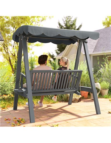 Outsunny 2 Seater Garden Swing Seat with Canopy, Wooden Swing Chair, Outdoor Hammock Bench for Balcony Patio Porch, Grey