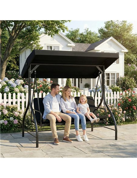 Outsunny 3 Seater Canopy Swing Chair, 2 in 1 Garden Swing Seat Bed, with Adjustable Canopy and Metal Frame, Black - pic 182931 | FastDaddyshop