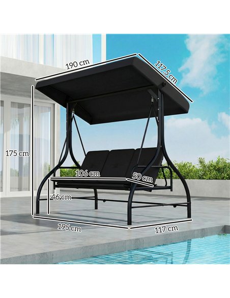 Outsunny 3 Seater Canopy Swing Chair, 2 in 1 Garden Swing Seat Bed, with Adjustable Canopy and Metal Frame, Black - pic 182932 | FastDaddyshop
