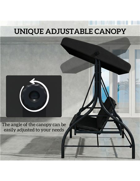Outsunny 3 Seater Canopy Swing Chair, 2 in 1 Garden Swing Seat Bed, with Adjustable Canopy and Metal Frame, Black - pic 182933 | FastDaddyshop