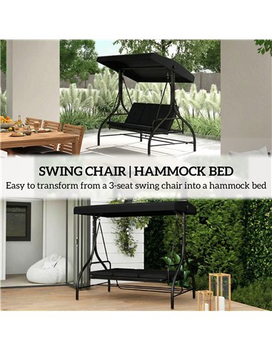 Outsunny 3 Seater Canopy Swing Chair, 2 in 1 Garden Swing Seat Bed, with Adjustable Canopy and Metal Frame, Black