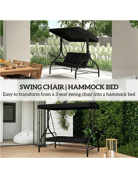 Outsunny 3 Seater Canopy Swing Chair, 2 in 1 Garden Swing Seat Bed, with Adjustable Canopy and Metal Frame, Black - pic 182934 | FastDaddyshop