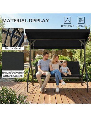 Outsunny 3 Seater Canopy Swing Chair, 2 in 1 Garden Swing Seat Bed, with Adjustable Canopy and Metal Frame, Black