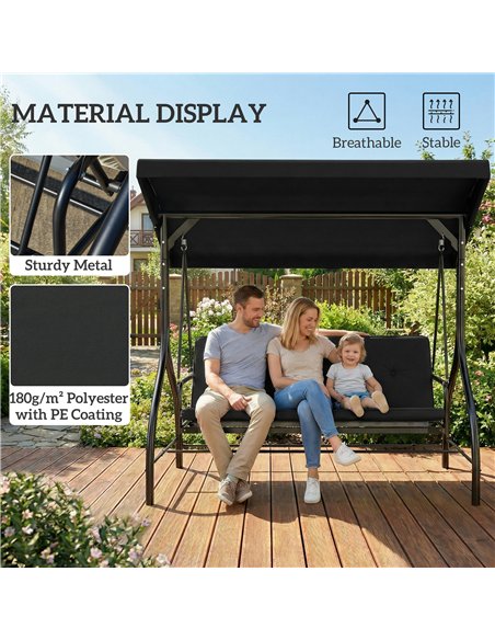 Outsunny 3 Seater Canopy Swing Chair, 2 in 1 Garden Swing Seat Bed, with Adjustable Canopy and Metal Frame, Black - pic 182936 | FastDaddyshop