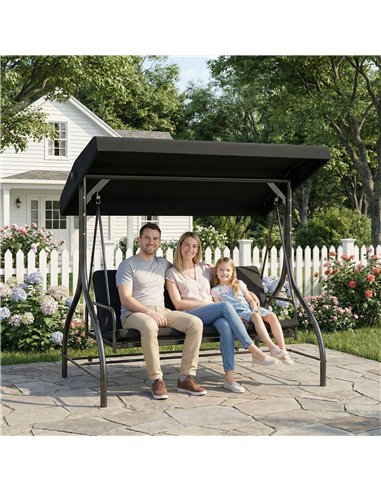 Outsunny 3 Seater Canopy Swing Chair, 2 in 1 Garden Swing Seat Bed, with Adjustable Canopy and Metal Frame, Black