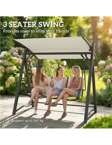 Outsunny 3 Seater Swing Chair, Garden Swing Bench with Adjustable Tilting Canopy, Breathable Mesh Seat 360 kg Capacity, White