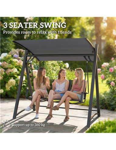 Outsunny 3 Seater Swing Chair, Garden Swing Bench with Adjustable Tilting Canopy, Breathable Mesh Seat 360 kg Capacity, Grey