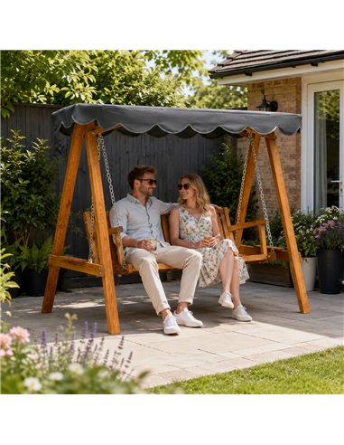 Outsunny 3 Seater Garden Swing Seat with Canopy, Wooden Swing Chair, Outdoor Hammock Bench for Balcony Patio Porch, Dark Grey