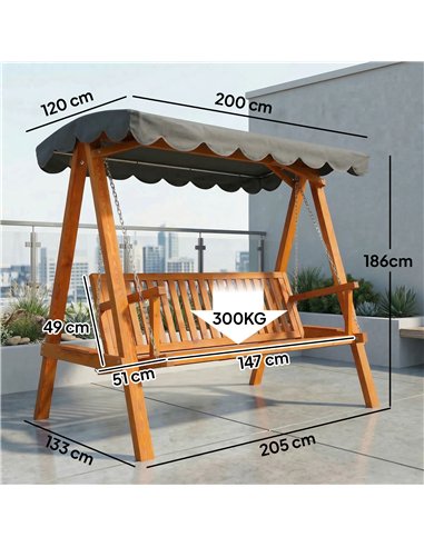 Outsunny 3 Seater Garden Swing Seat with Canopy, Wooden Swing Chair, Outdoor Hammock Bench for Balcony Patio Porch, Dark Grey