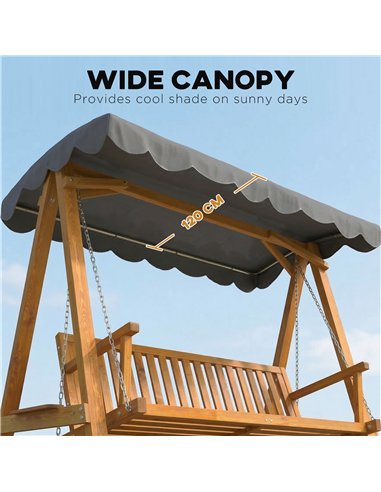 Outsunny 3 Seater Garden Swing Seat with Canopy, Wooden Swing Chair, Outdoor Hammock Bench for Balcony Patio Porch, Dark Grey