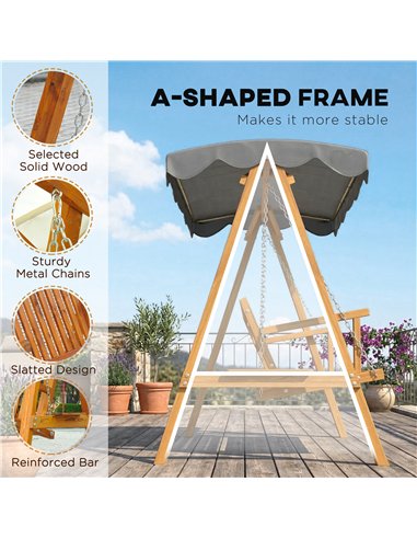 Outsunny 3 Seater Garden Swing Seat with Canopy, Wooden Swing Chair, Outdoor Hammock Bench for Balcony Patio Porch, Dark Grey