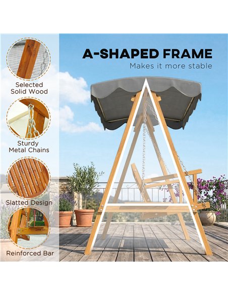 Outsunny 3 Seater Garden Swing Seat with Canopy, Wooden Swing Chair, Outdoor Hammock Bench for Balcony Patio Porch, Dark Grey - pic 182970 | FastDaddyshop