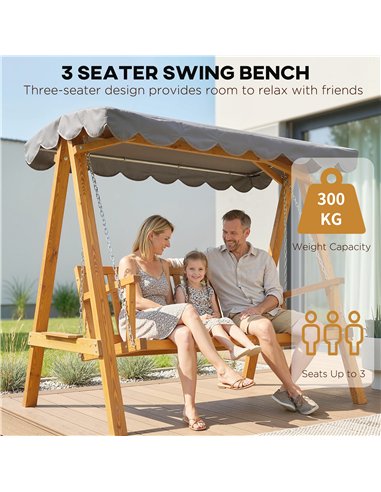 Outsunny 3 Seater Garden Swing Seat with Canopy, Wooden Swing Chair, Outdoor Hammock Bench for Balcony Patio Porch, Dark Grey