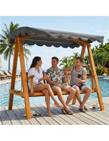 Outsunny 3 Seater Garden Swing Seat with Canopy, Wooden Swing Chair, Outdoor Hammock Bench for Balcony Patio Porch, Dark Grey