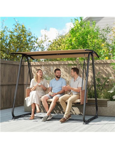 Outsunny 3 Seater Swing Chair with Adjustable Canopy, 360 kg Garden Swing Seat Outdoor Hammock Bench with Cushions, Sand Brown