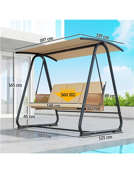 Outsunny 3 Seater Swing Chair with Adjustable Canopy, 360 kg Garden Swing Seat Outdoor Hammock Bench with Cushions, Sand Brown - pic 182977 | FastDaddyshop