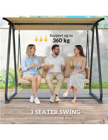 Outsunny 3 Seater Swing Chair with Adjustable Canopy, 360 kg Garden Swing Seat Outdoor Hammock Bench with Cushions, Sand Brown