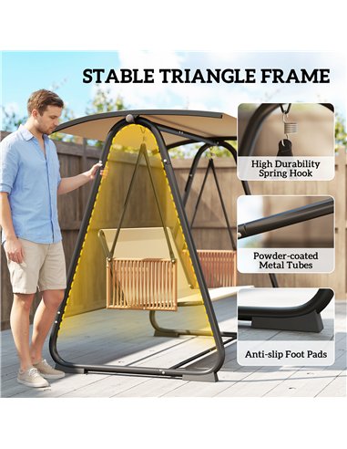 Outsunny 3 Seater Swing Chair with Adjustable Canopy, 360 kg Garden Swing Seat Outdoor Hammock Bench with Cushions, Sand Brown