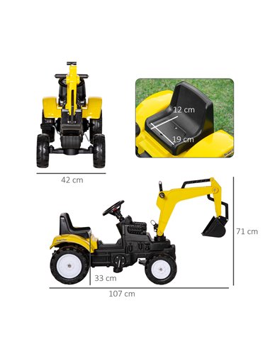HOMCOM 3+ Ride-on Toy Pedal Digger Car with Horn, Yellow