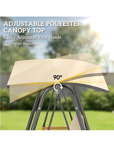 Outsunny 3 Seater Swing Chair with Adjustable Canopy, 360 kg Garden Swing Seat Outdoor Hammock Bench with Cushions, Sand Brown