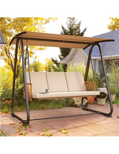 Outsunny 3 Seater Swing Chair with Adjustable Canopy, 360 kg Garden Swing Seat Outdoor Hammock Bench with Cushions, Sand Brown