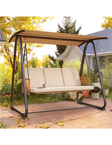 Outsunny 3 Seater Swing Chair with Adjustable Canopy, 360 kg Garden Swing Seat Outdoor Hammock Bench with Cushions, Sand Brown - pic 182983 | FastDaddyshop