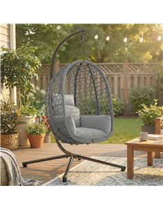 Outsunny Hanging Egg Chair, Indoor Outdoor Rattan Hammock Swing Chair with Stand, Safety Strap, Foldable Basket, Dark Grey 2