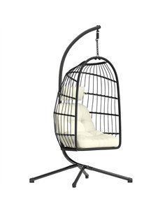 Outsunny Hanging Egg Chair, Indoor Outdoor Hammock Swing Chair with Stand, Safety Strap, Foldable Basket, Black/Cream White