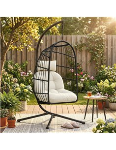 Outsunny Hanging Egg Chair, Indoor Outdoor Hammock Swing Chair with Stand, Safety Strap, Foldable Basket, Black/Cream White 2