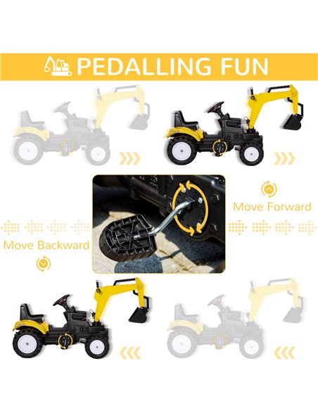 HOMCOM Ride-on Toy Pedal Digger Pretend Play Construction Car with Horn for Kids & Toodler, Yellow - pic 18300 | FastDaddyshop