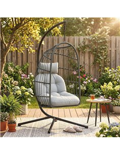 Outsunny Hanging Egg Chair, Indoor Outdoor Hammock Swing Chair with Stand, Safety Strap, Foldable Basket, Dark/Light Grey 2